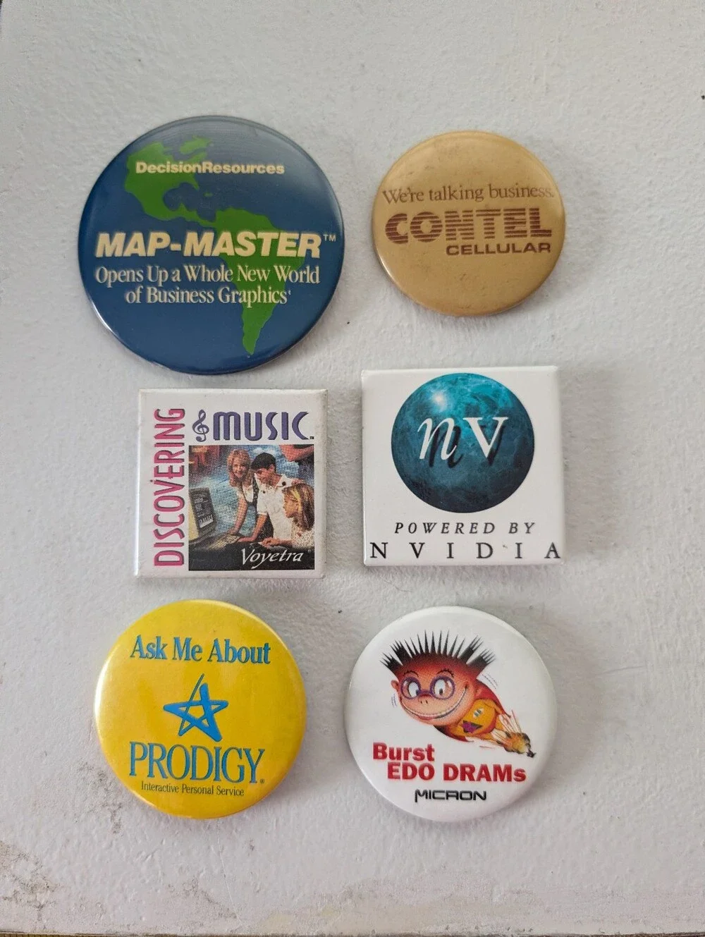Vintage 1990s Tech & Software Promotional Pinback Button Lot of 6 NVIDIA Micron